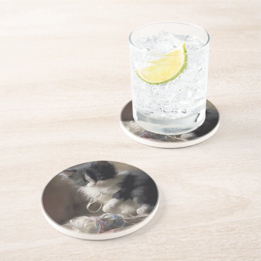 Dessous De Verre En Grès Tangup Dans Fun Black and White Kitten (Côté)