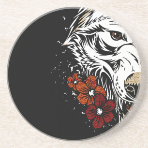 Dessous De Verre En Grès Tatoo Fleur Loup Vintage