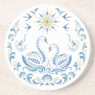Dessous De Verre En Grès Tavrian Peinture Cygnes Oiseau Ukrainien Art Popul