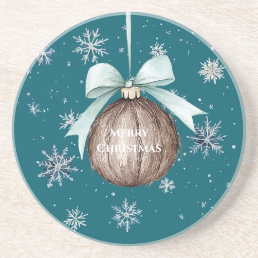 Dessous De Verre En Grès Teal Blue Snowflakes Christmas Coconut Bow (Devant)