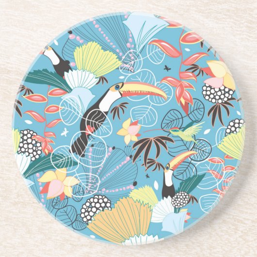 Dessous De Verre En Grès Texture tropicale avec des toucans et des colibris (Devant)