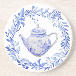 Dessous De Verre En Grès Théière Bleue et Blanche avec Couronne 