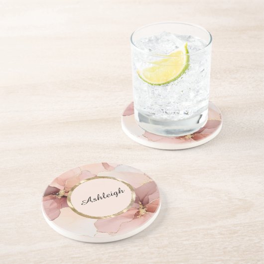 Dessous De Verre En Grès Tirée Romantique Rose Pâle Or Fleurs Fête de Maria (Côté)