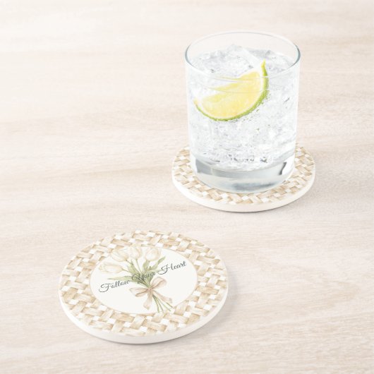 Dessous De Verre En Grès Tissage Panier Faux Blanc Crème (Côté)