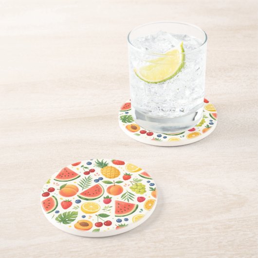 Dessous De Verre En Grès Tissu à motif de fruits d'été | Pastèque tropicale (Côté)