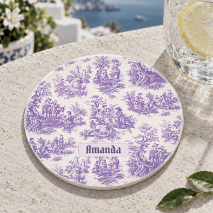 Dessous De Verre En Grès Toile de Jouy florale violette vintage monogramme