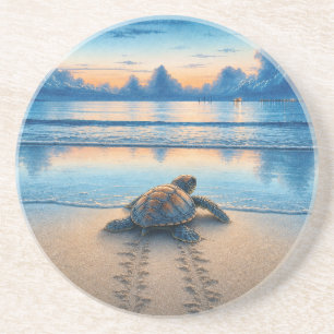 Dessous De Verre En Grès Tortue de mer bébé à l'aquarelle sur une plage de