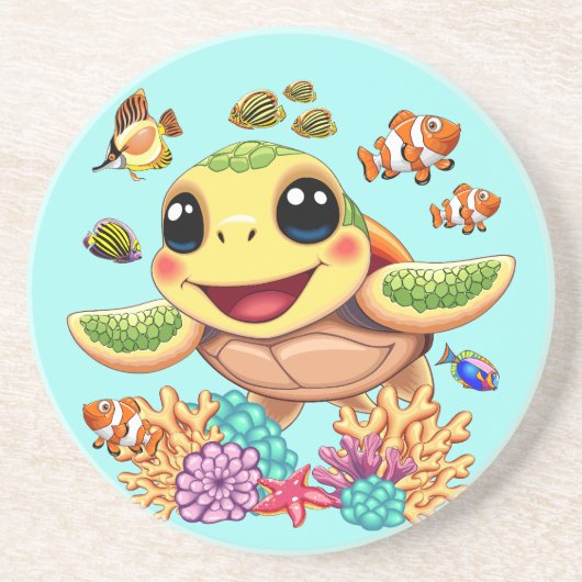 Dessous De Verre En Grès Tortue de mer bébé heureuse et mignonne (Devant)