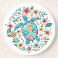 Tortue de mer florale turquoise bohème - Rond côti