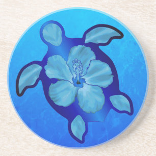 Dessous De Verre En Grès Tortue et ketmie bleues de Honu