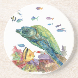 Dessous De Verre En Grès Tortue et poissons dans la mer