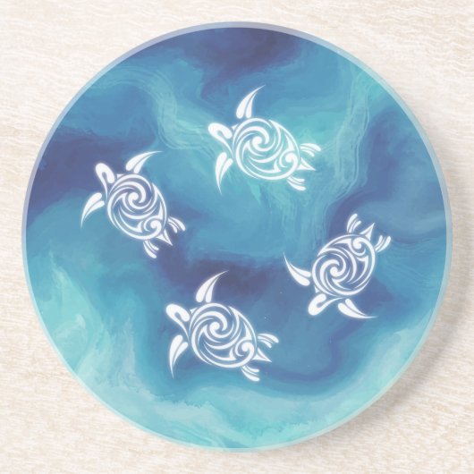 Dessous De Verre En Grès Tortues blanches Bleu Océan Aquarelle Côte (Devant)