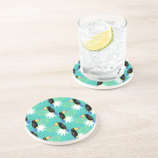 Dessous De Verre En Grès Toucans sur Turquoise (Côté)