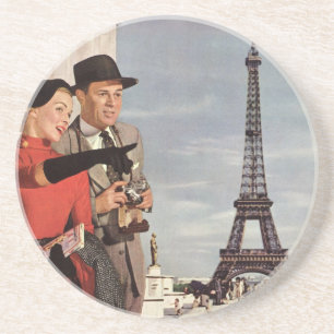 Dessous De Verre En Grès Touristes vintages voyageant à Paris Tour Eiffel