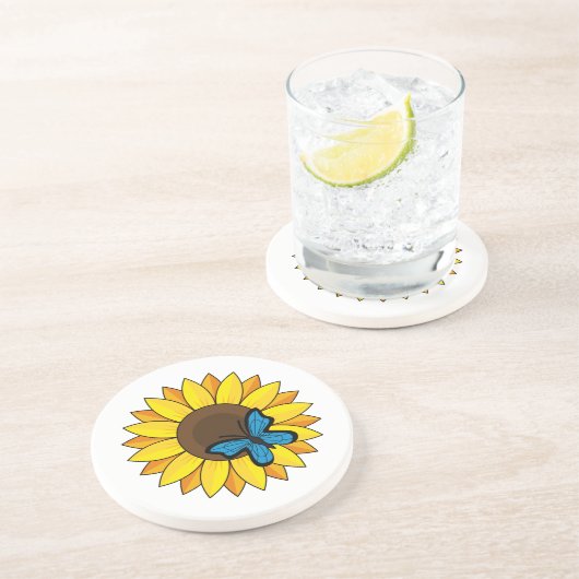 Dessous De Verre En Grès Tournesol et papillon bleu (Côté)