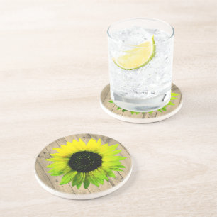Dessous De Verre En Grès Tournesol sur bois rustique