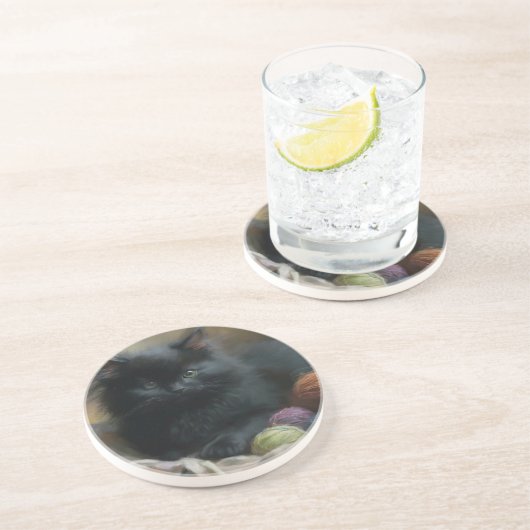 Dessous De Verre En Grès Tricot compagnon Kitten noir avec fils (Côté)