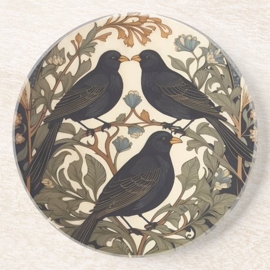 Dessous De Verre En Grès Trois oiseaux noirs William Morris Inspiré (Devant)