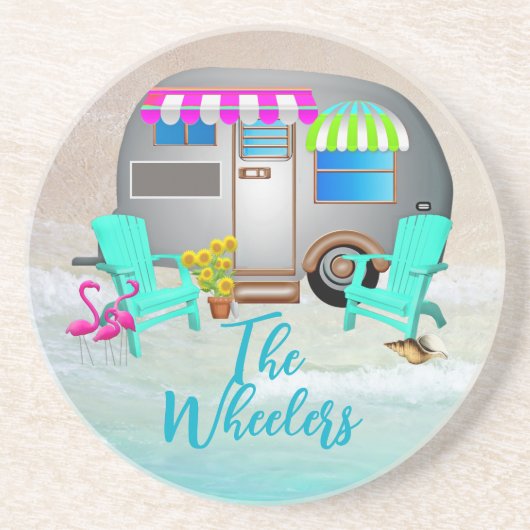 Dessous De Verre En Grès Tropical Ocean Camping Trailer Nom famille (Devant)