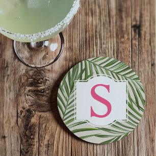 Dessous De Verre En Grès Tropical Pink Green Palm Feuille Monogramme initia