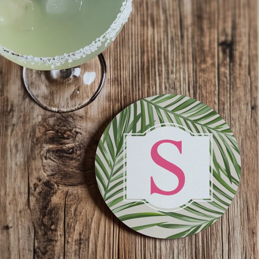 Dessous De Verre En Grès Tropical Pink Green Palm Feuille Monogramme initia