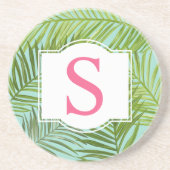Dessous De Verre En Grès Tropical Pink Green Palm Feuille Monogramme initia (Devant)
