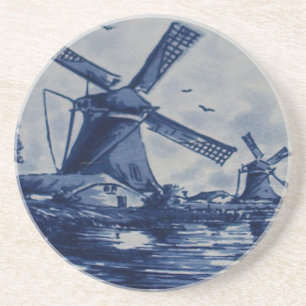 Dessous De Verre En Grès Tuile bleue antique de Delft - moulins à vent par