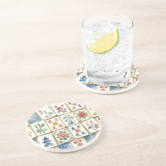 Dessous De Verre En Grès Tuiles de Mahjong Chinoiserie Fleurs Aquarelles Oi
