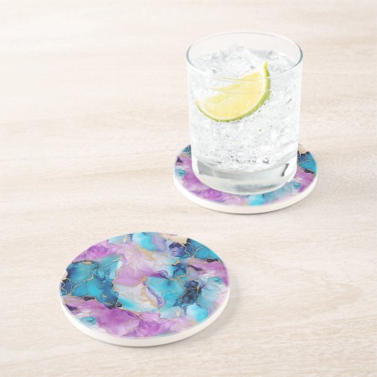 Dessous De Verre En Grès Turquoise Aqua violet marbre or (Côté)