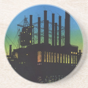 Dessous De Verre En Grès Usine de fabrication au coucher du soleil, Vintage