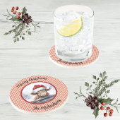 Dessous De Verre En Grès Vache des Highlands Rouge Blanc Gingham Monogramme