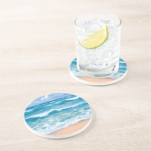 Dessous De Verre En Grès Vagues de l'océan bleu   Aquarelle de mer de plage