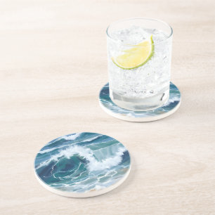 Dessous De Verre En Grès Vagues de l'océan déferlantes Aquarelle bleue cô