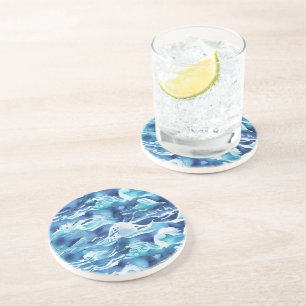 Dessous De Verre En Grès Vagues océaniques Aquarelle sarcelle Bleu aqua