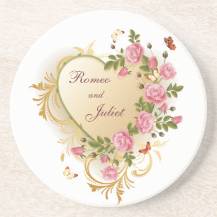 Dessous De Verre En Grès Valentines - Coeur doré avec Rose