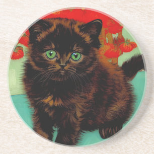Dessous De Verre En Grès Van Gogh Chat noir Fleurs rouges