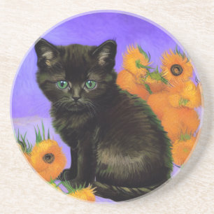 Dessous De Verre En Grès Van Gogh Kitten noir avec des tournesols