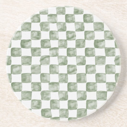 Dessous De Verre En Grès Vert sauge clair damier aquarelle (Devant)