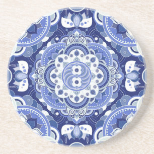 Dessous De Verre En Grès Vintage bleu géométrique, ornement indien.