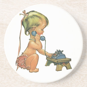 Dessous De Verre En Grès Vintage Child Cute Blond Girl Talking on Toy Phone