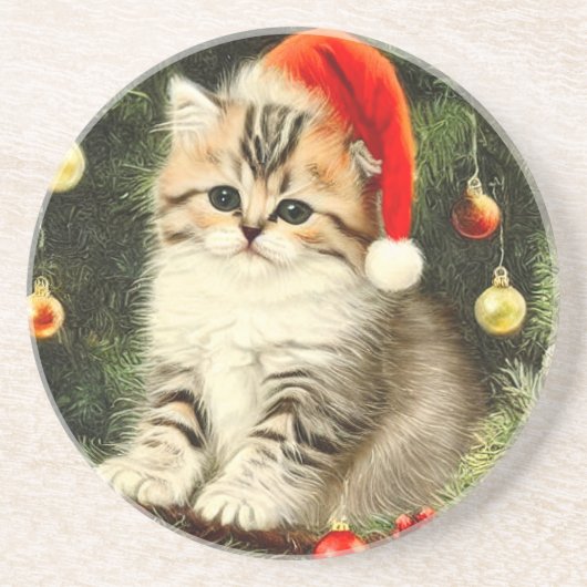 Dessous De Verre En Grès Vintage Christmas Kitten (Devant)