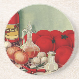 Dessous De Verre En Grès Vintage Italien Alimentation Tomate Onions Poivron