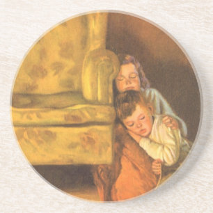 Dessous De Verre En Grès Vintage Noël Enfants attendant le Père Noël