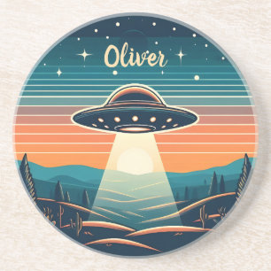Dessous De Verre En Grès Vintage UFO au coucher du soleil Personnalisé