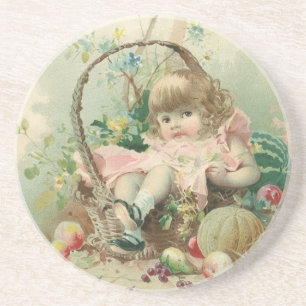 Dessous De Verre En Grès Vintage Victorian Child, Girl Spring Fruit Basket