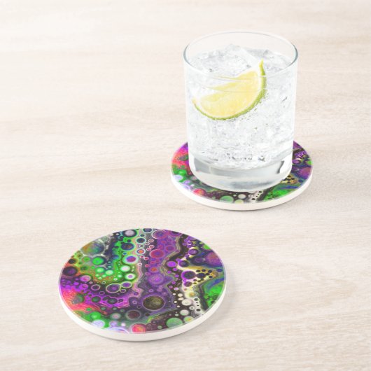 Dessous De Verre En Grès Violet, Vert citron, Art Fluide Noir (Côté)