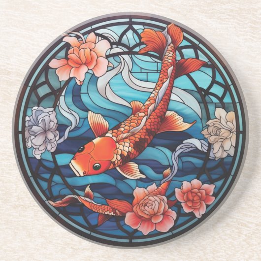 Dessous De Verre En Grès Vitrail asiatique style Koi Poisson et Camellias (Devant)