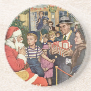 Dessous De Verre En Grès Vœu de Noël vintage, garçon sur les genoux du Père