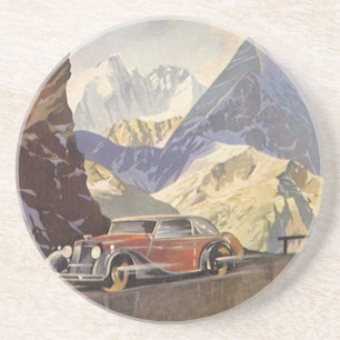 Dessous De Verre En Grès Voiture vintage sur une route de montagne en hiver