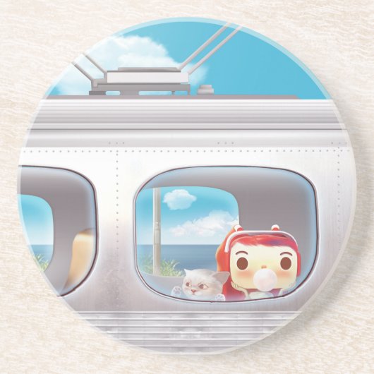 Dessous De Verre En Grès Voyage en train avec chat (Devant)